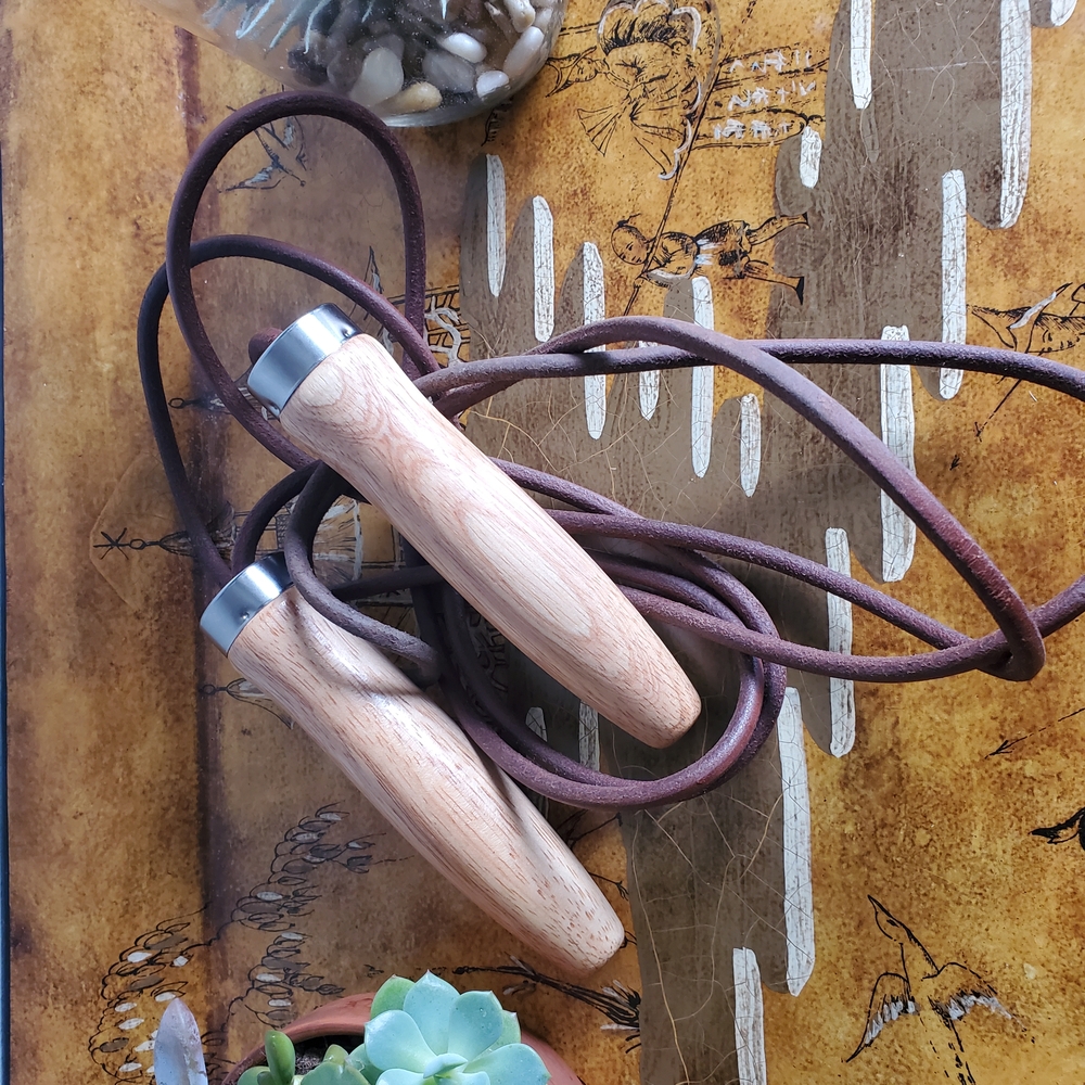 Premium Brown Leather Jump Rope with Wooden Handles